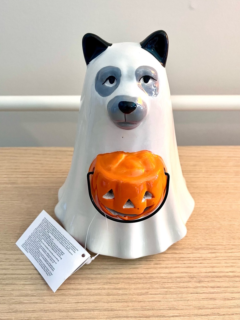 Ceramic Ghost Dog Holding Light Up Pumpkin Halloween Figurine NWT 7" ⚠️